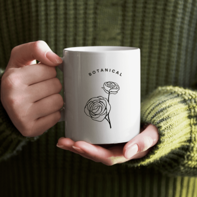 PRINTIO White Coffee Mug: 325 ML with Botanical Rose Print in Black and White